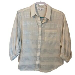 Corey Lynn Calter Size L Cream Silver Metallic Striped 3/4 Sleeve Button Shirt